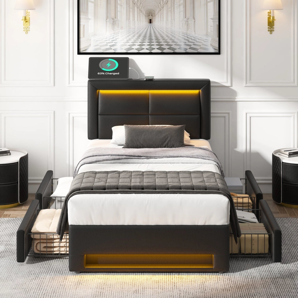 Letto imbottito 90x200 cm con USB, illuminazione LED, 4 cassetti, PU, nero, senza materasso