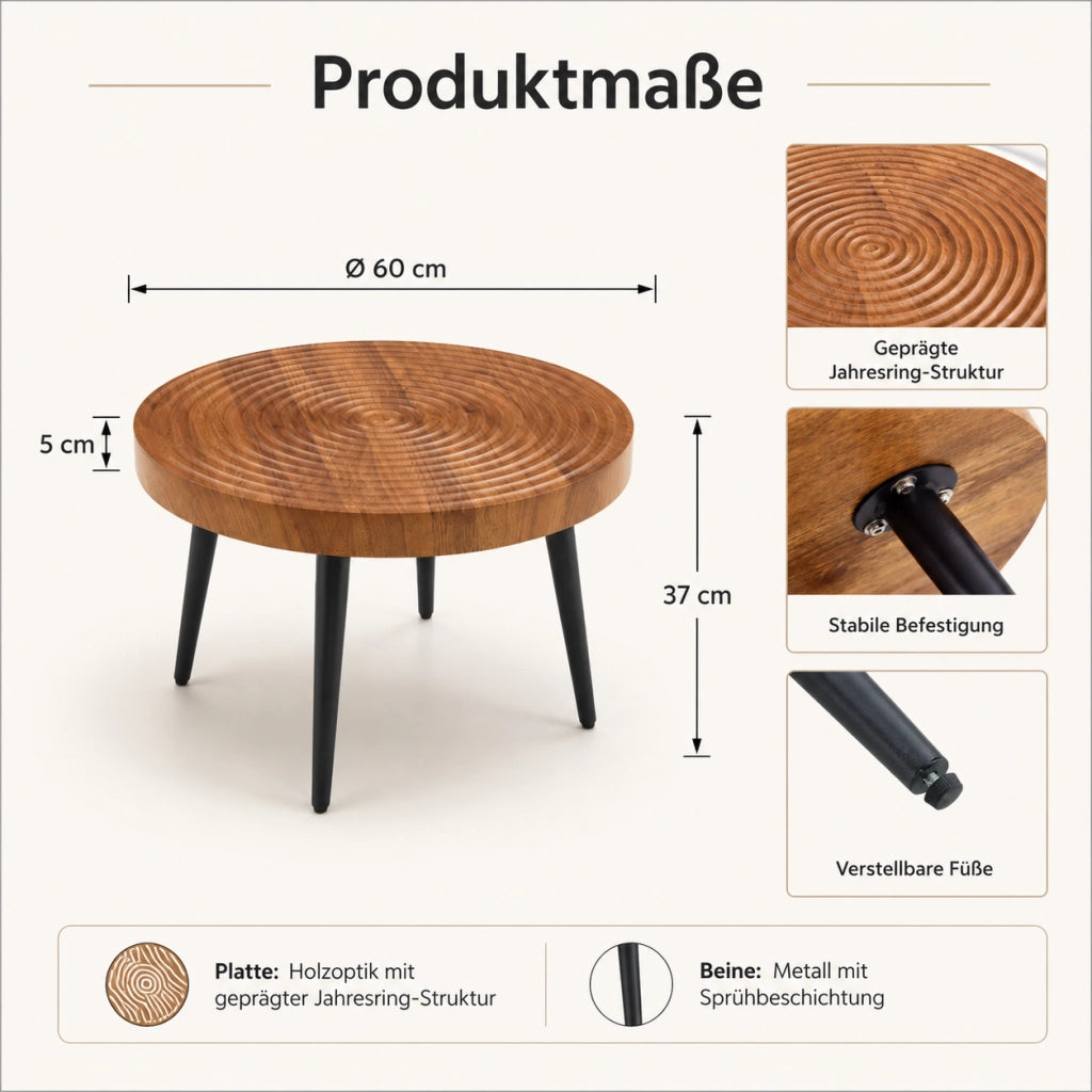 Tavolino da caffè rotondo con piano in MDF da 5 cm; gambe in metallo nero regolabili; noce; Ø 60 cm