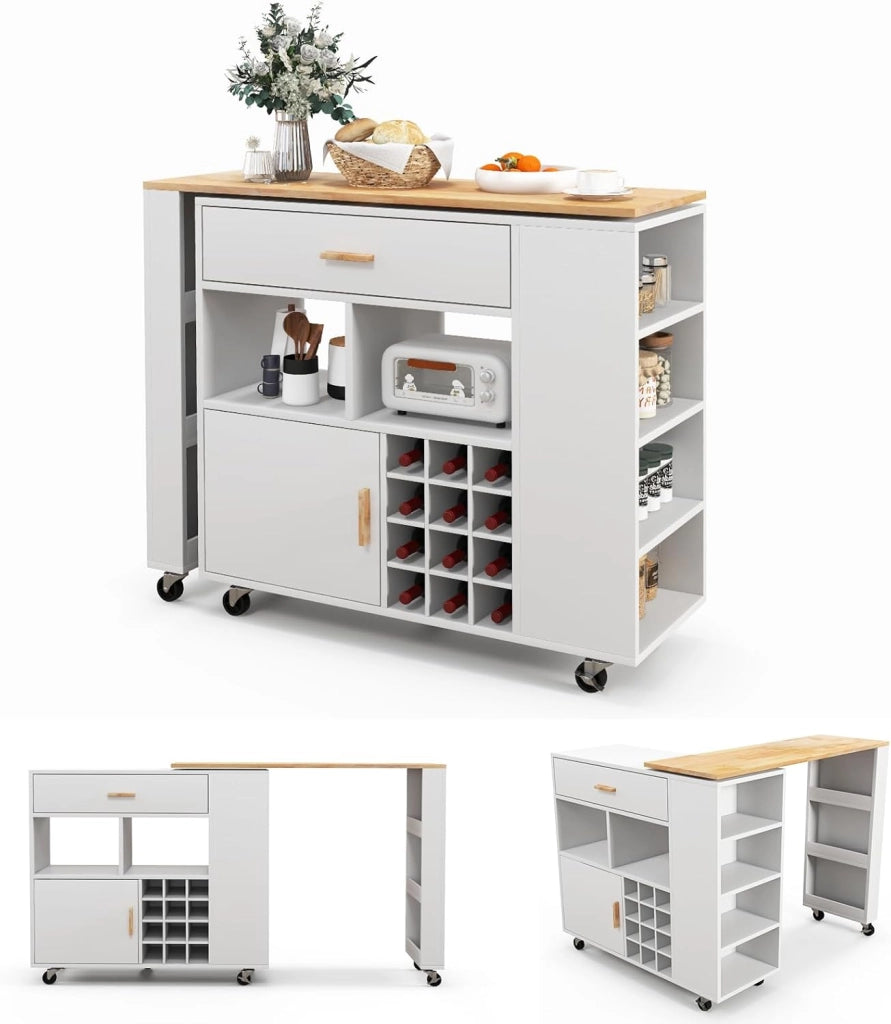 2 in 1 Carrello da Cucina, Carrello di Servizio Reversibile con Piano in Legno di Gomma, Ripiano Regolabile Porta Calici per 12 Bottiglie, 120x40x100 cm