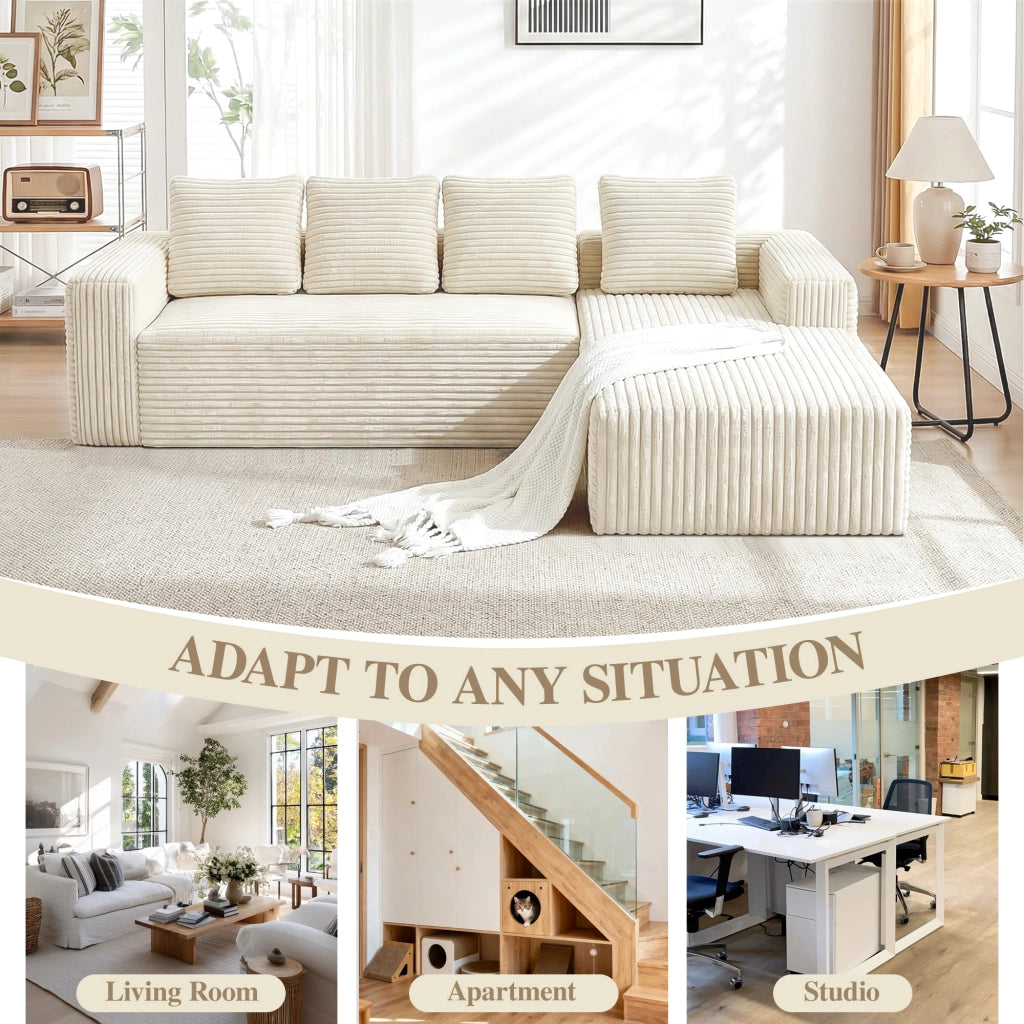 Divano angolare modulare componibile con chaise reversibile e seduta profonda senza montaggio in velluto a coste beige