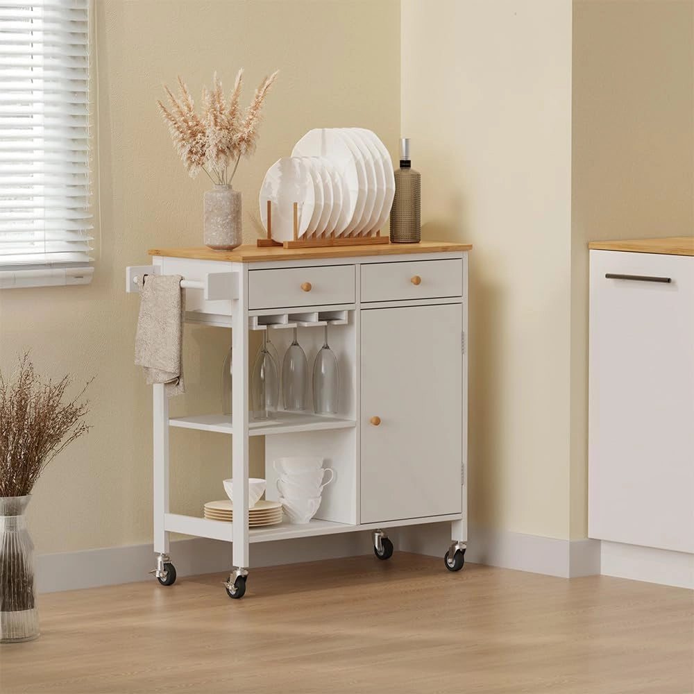 Carrello da cucina Trayz, Bianco, 89 x 87 cm con rotelle, con ripiano per bottiglie e portabicchieri per un utilizzo flessibile
