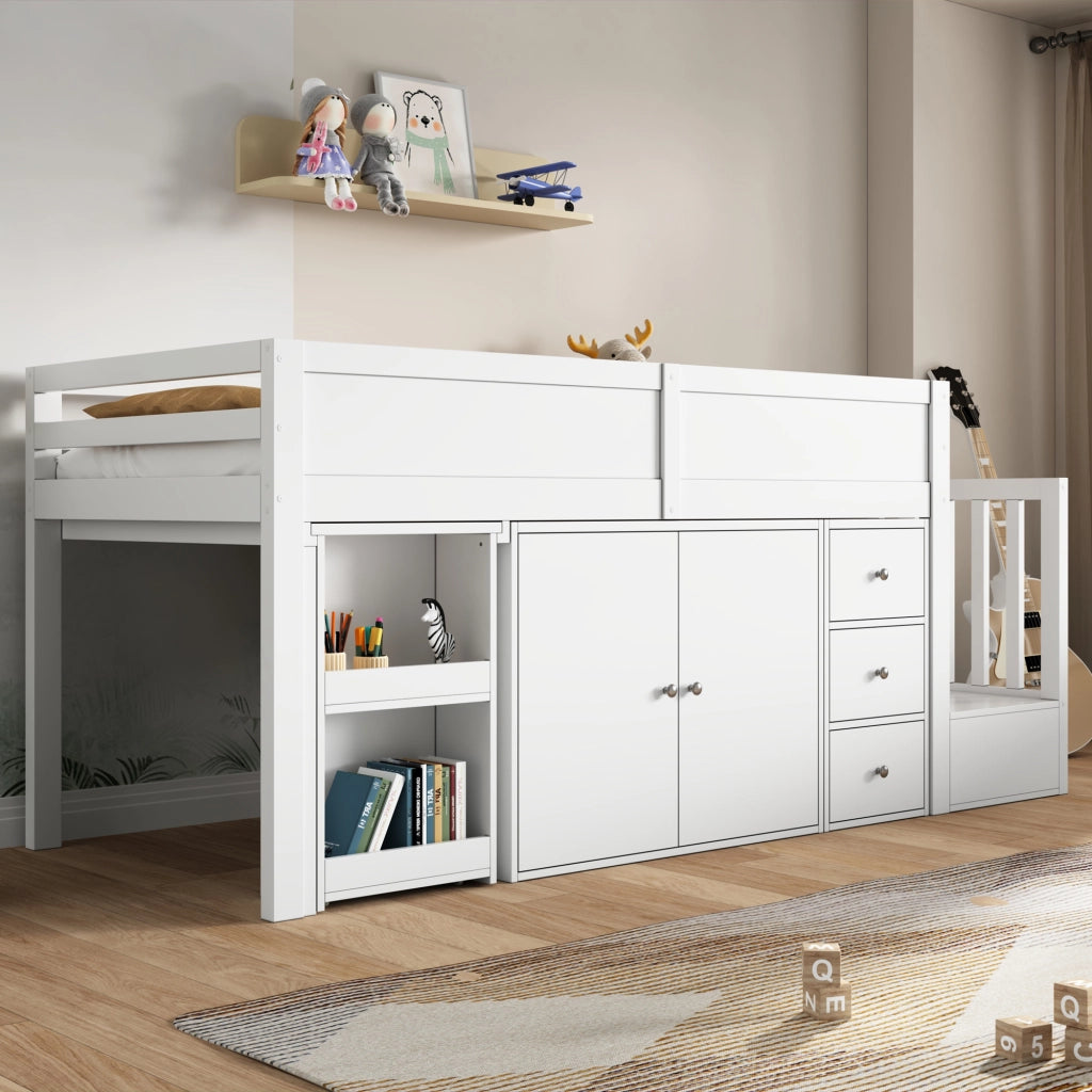 Letto a castello bianco con scrivania estraibile ripiani laterali armadio e cassetti 90x200cm
