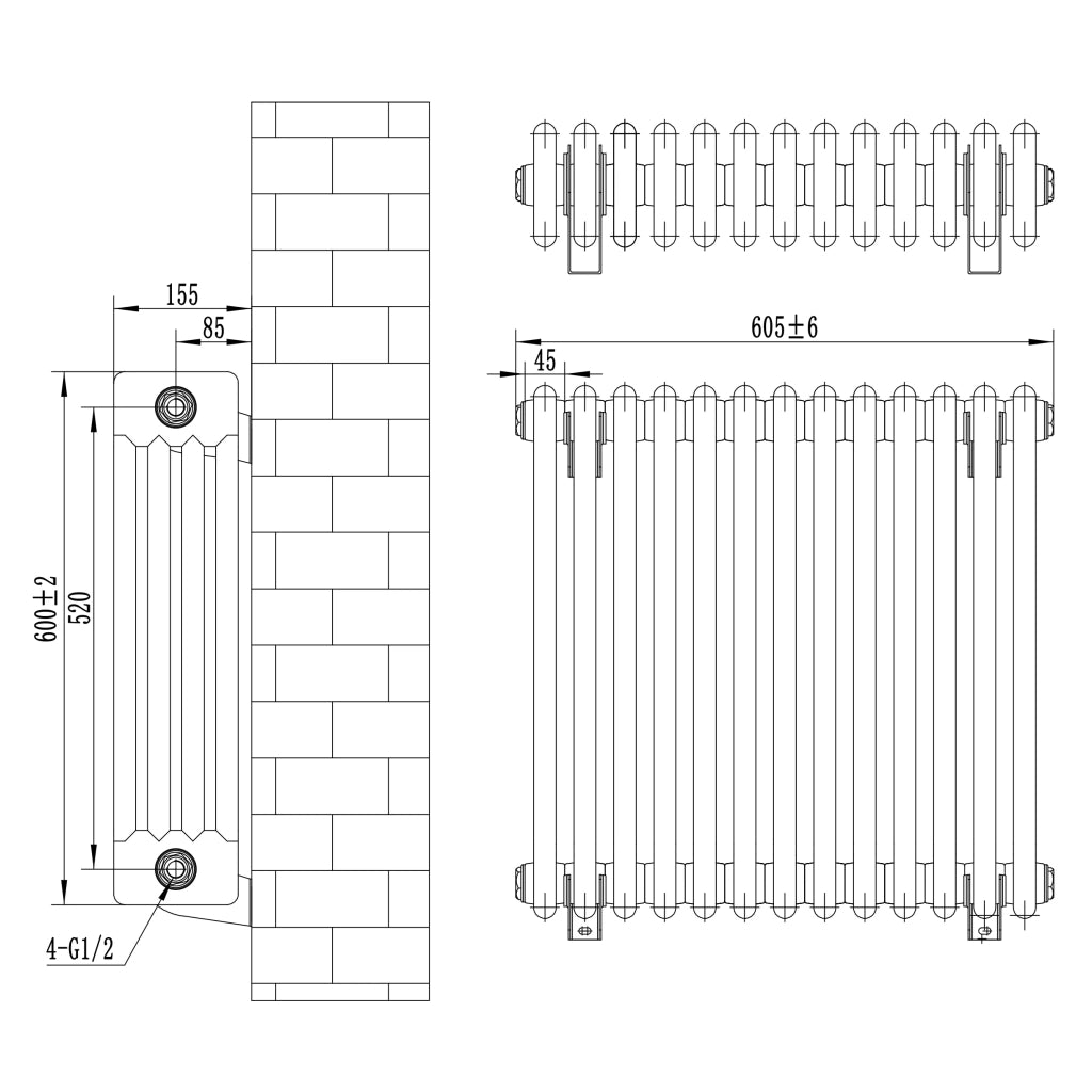 Radiatore Tradizionale 4 Colonne Orizzontale Bianco 600 x 605 mm