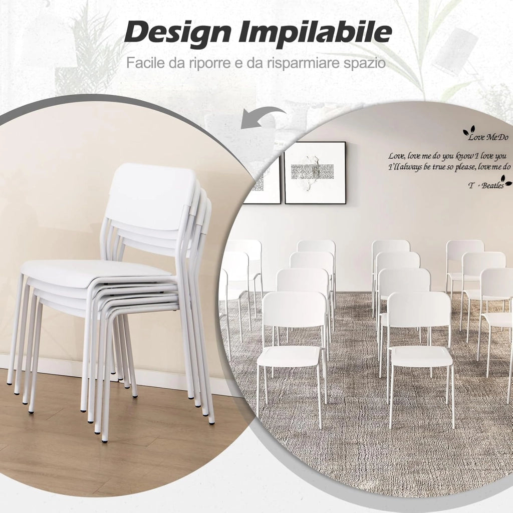 Set 4 Sedie Sala da Pranzo Moderno, Sedie da Cucina Accumulabili con Schienale Inclinato e Gambe Metalliche Robuste, Set di Sedie per Soggiorno, 48,5 x 44,5 x 81 cm (Bianco)