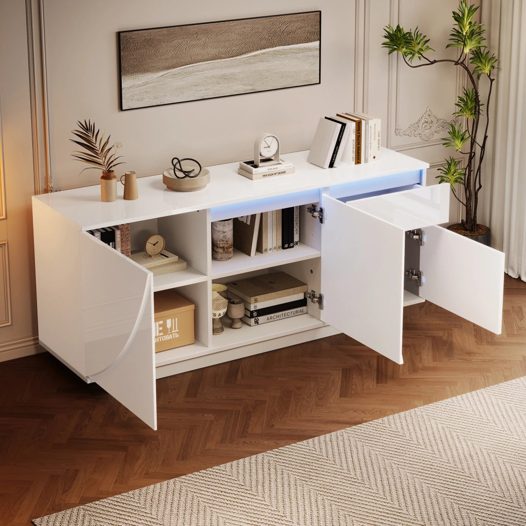 Credenza con 3 ante; 1 cassetto e LED - per soggiorno - in MDF - 140×40×60 cm - bianco