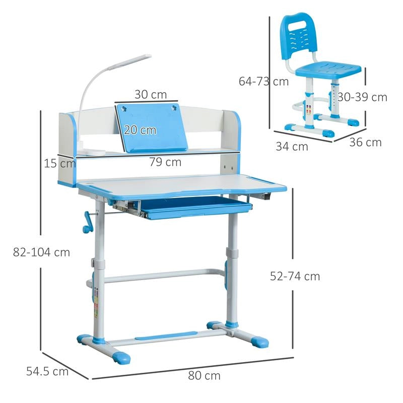 BANCO SCUOLA PER BAMBINI 6-12 ANNI REGOLABILE CON LUCE LED LEGGIO E PORTAPENNE IN MDF PP E ACCIAIO AZZURRO