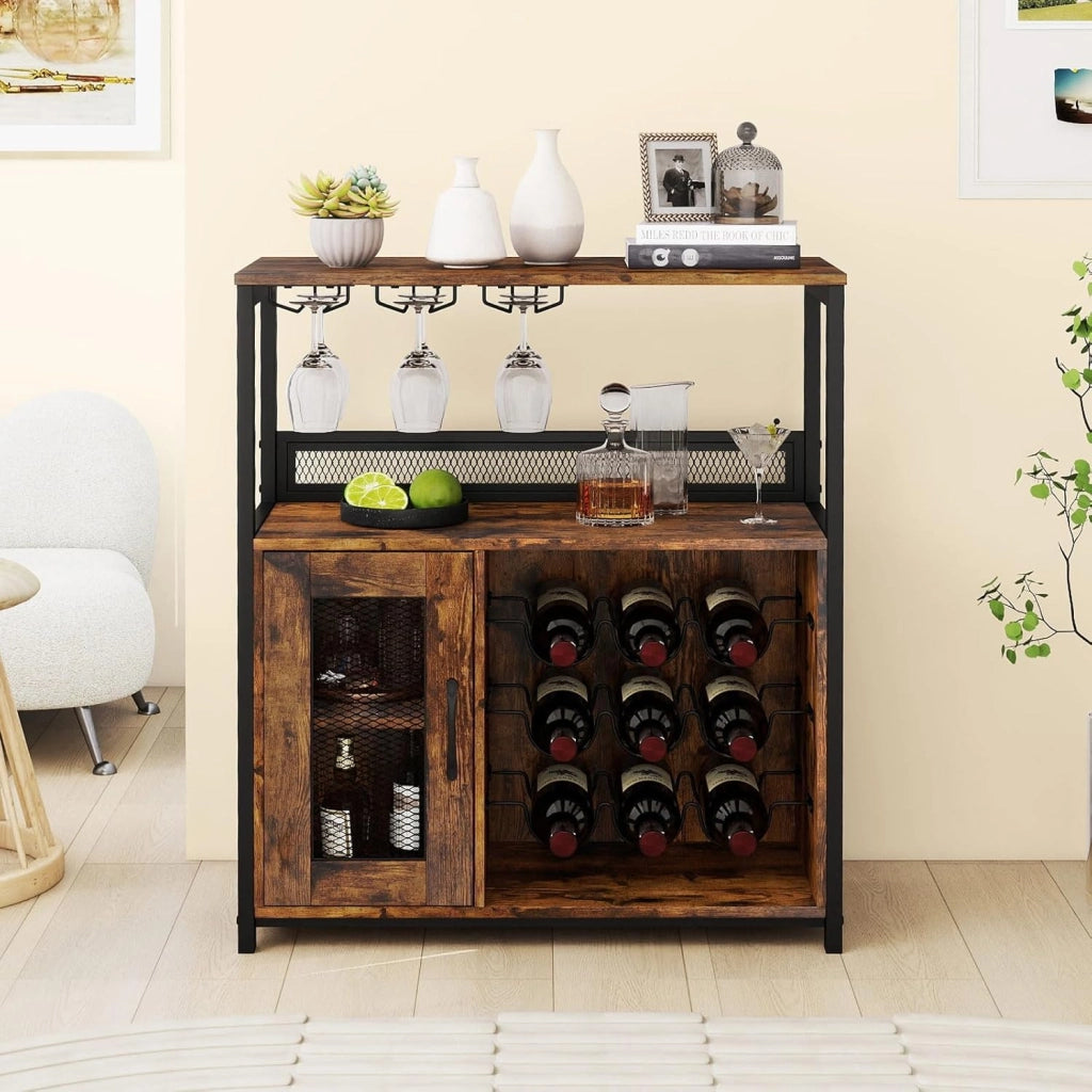 Mobile Porta Vino con 3 Portabicchieri e 9 Scomparti per Bottiglie, Kit Antiribaltamento, Design Industriale per Soggiorno, Sala da Pranzo, Cucina e Bar, Marrone