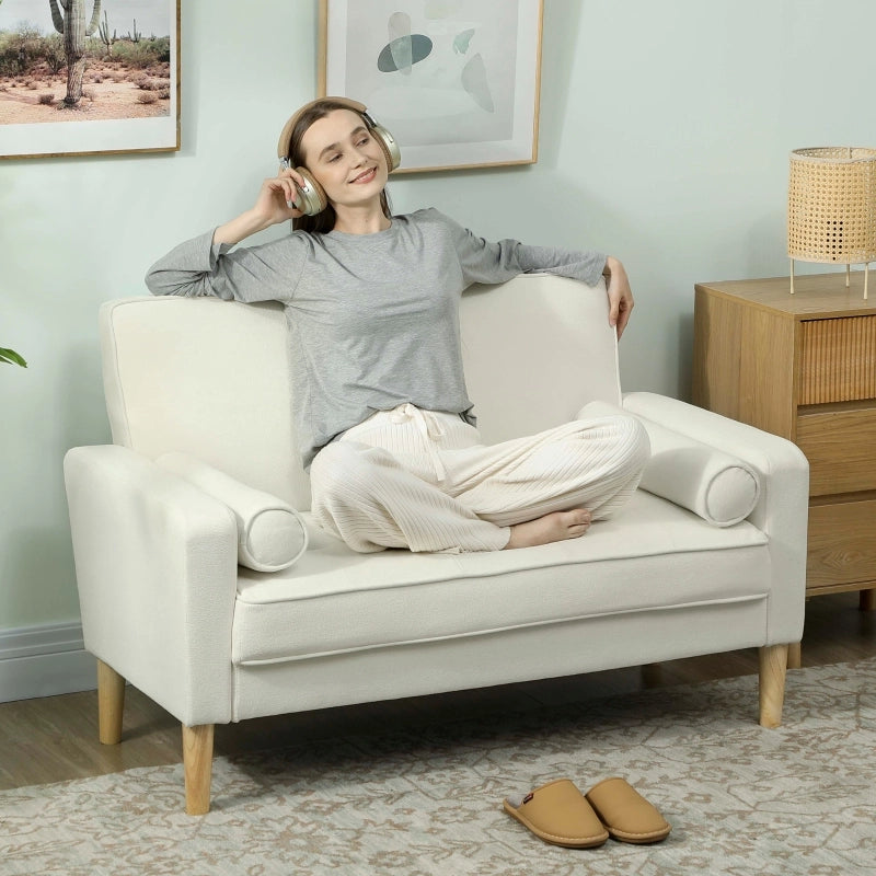 Divano a 2 posti con seduta in schiuma ad alta densità e gambe in legno di caucciù, bianco crema 130 × 74,5 × 82 cm