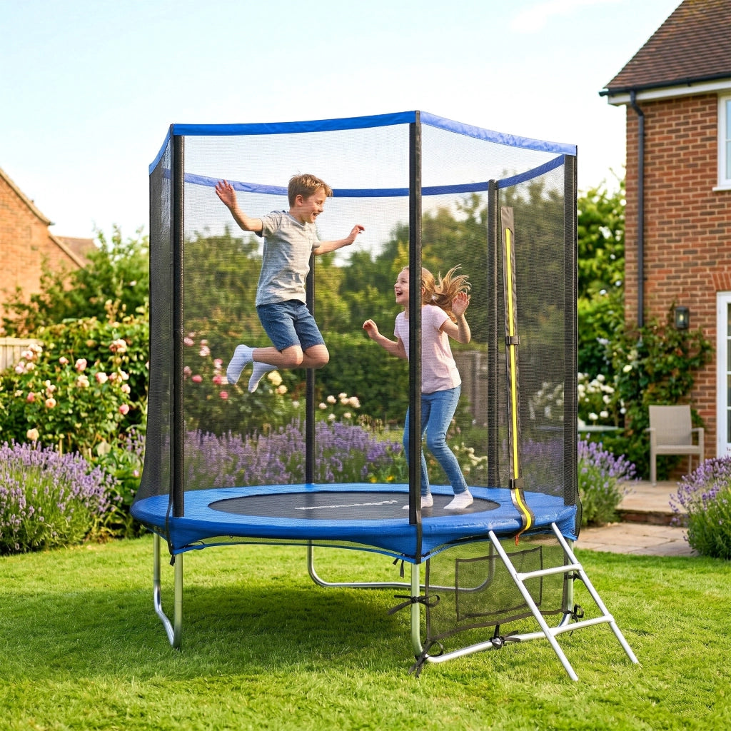 Trampolino Elastico Esterno 183 cm con Rete di Sicurezza e Scala ¨C Zephmum ¨C Blu