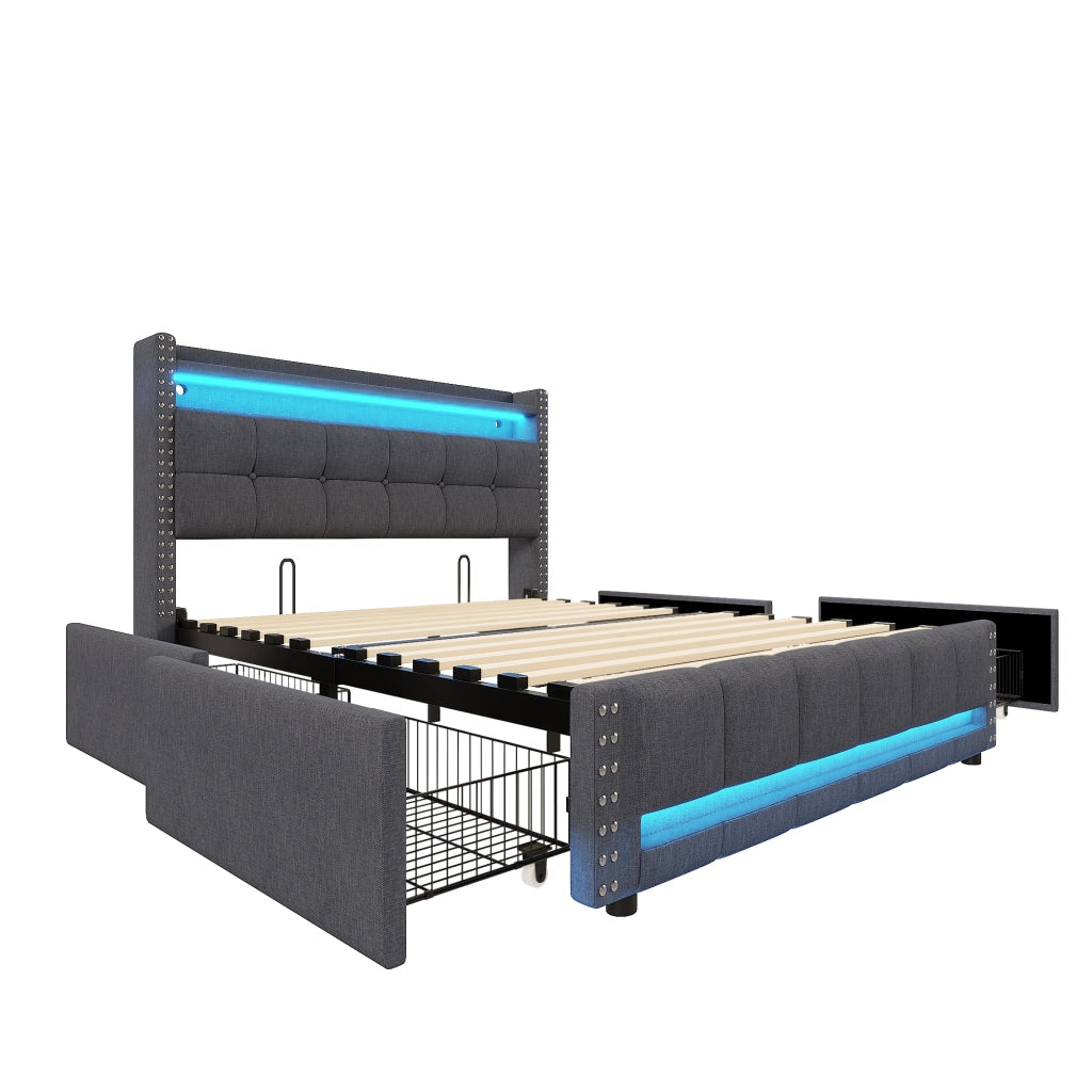 Letto matrimoniale imbottito 160x200 cm con LED, presa USB, testiera con ripiani e cassetti, tessuto effetto lino grigio