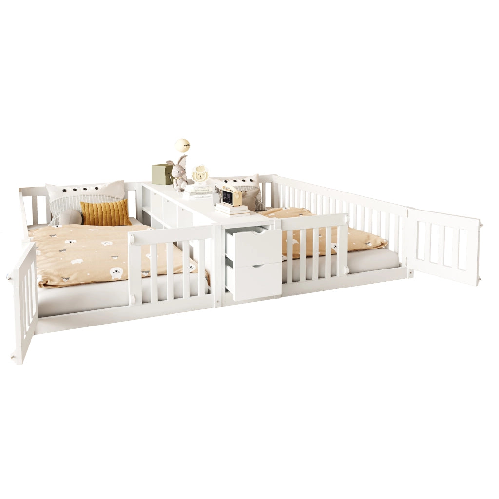 Letto per bambini 90 × 200 cm con scaffale centrale e 2 cassetti, barriere alte, senza materasso, bianco