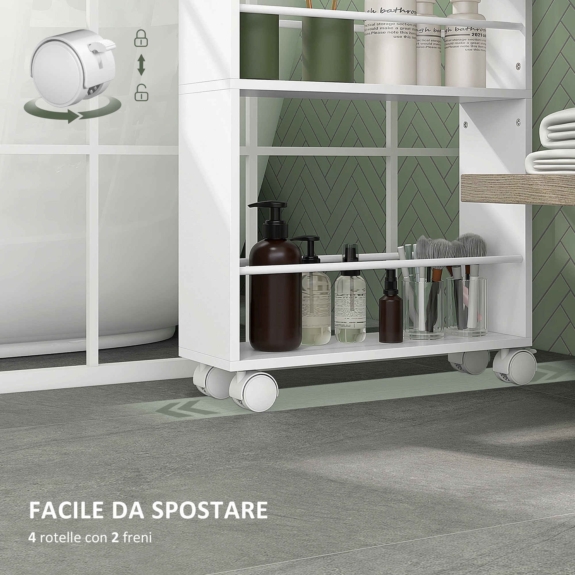 Mobiletto Salvaspazio da Bagno Carrello a 3 Livelli con Ruote e Freni Bianco