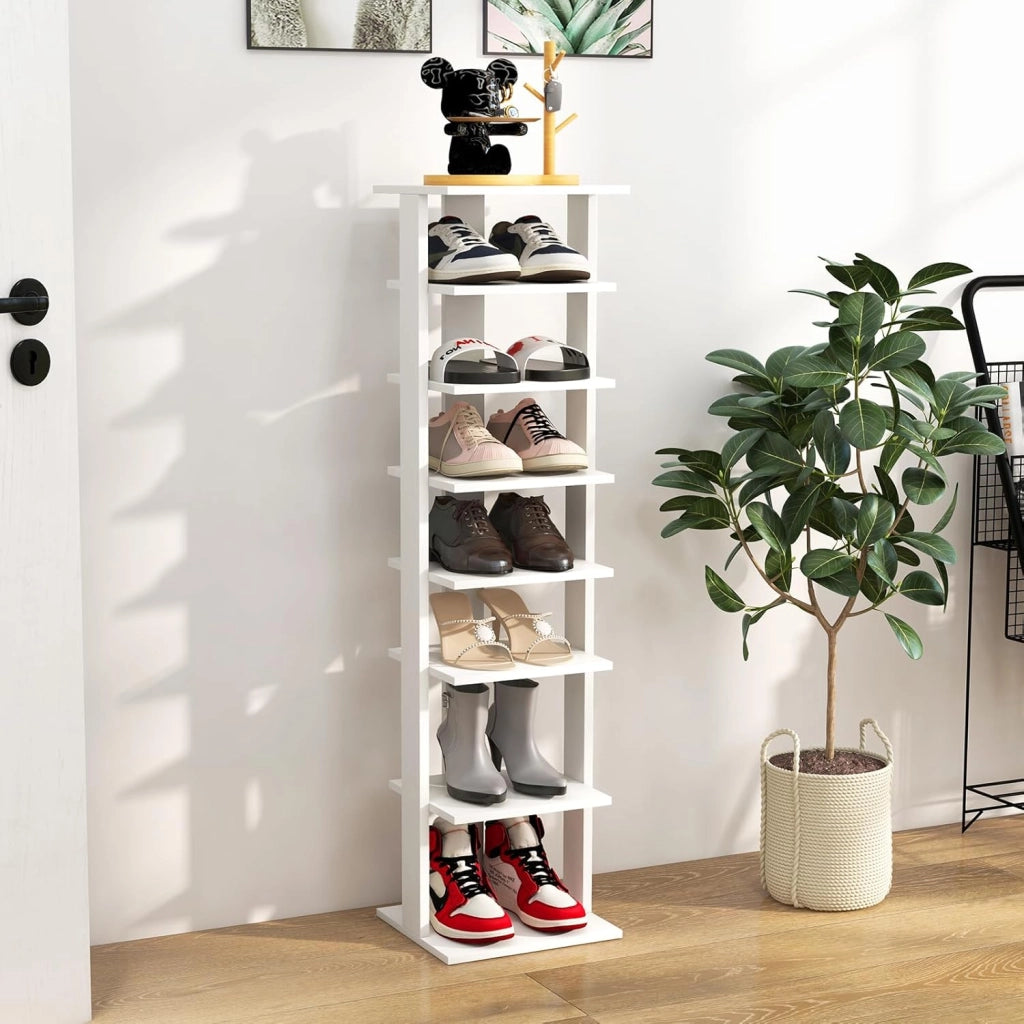 Scarpiera da Ingresso, Portascarpe a 7 Ripiani, Scaffale per 7/14 Scarpe, Stretto e Compatto per Salvaspazio, 2 Size di 27,5x26,5x110 cm e 45x25x110 cm (Bianco, M)