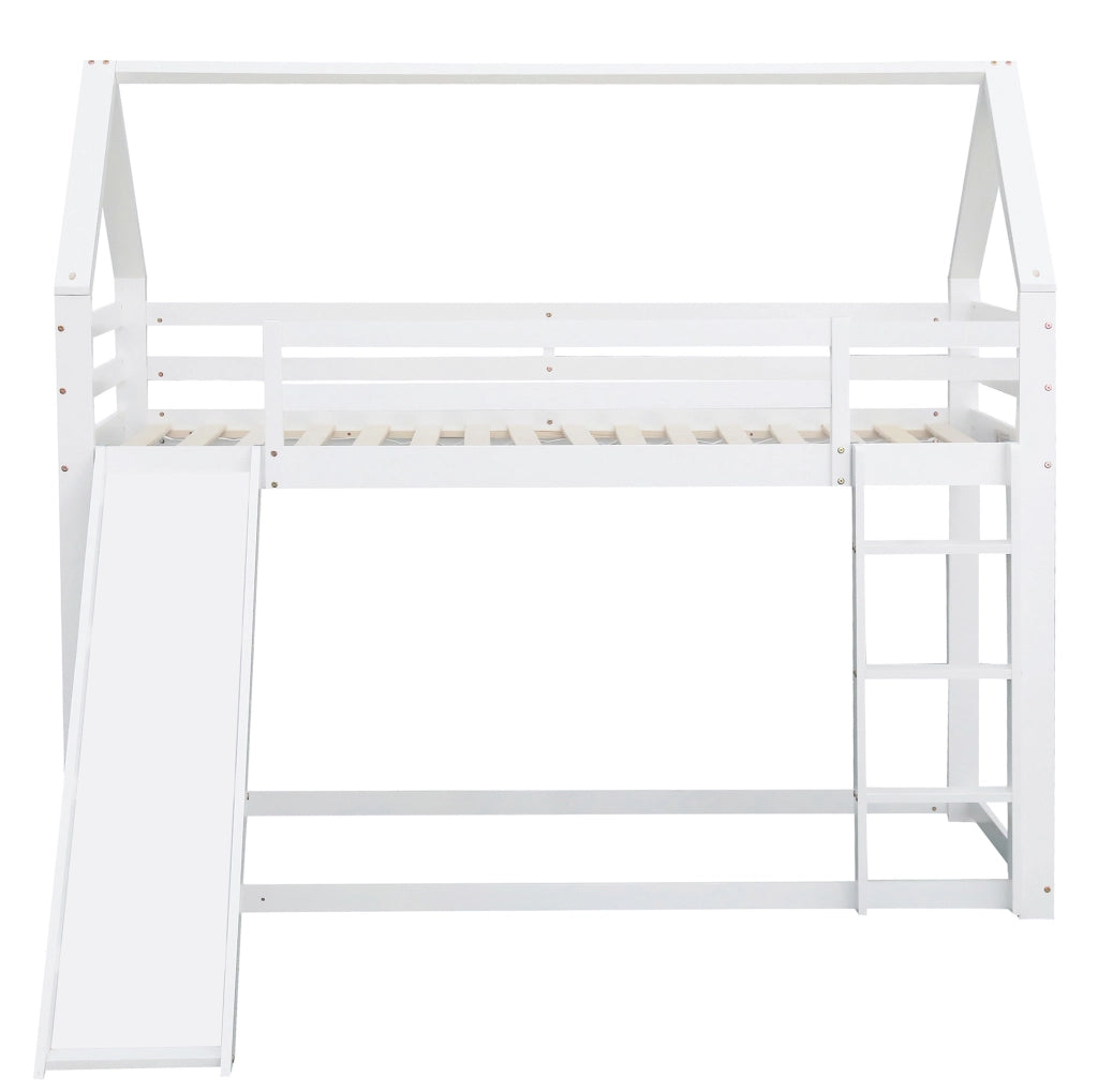 Letto a castello 90x200 cm a forma di casa con scivolo e scala in legno bianco