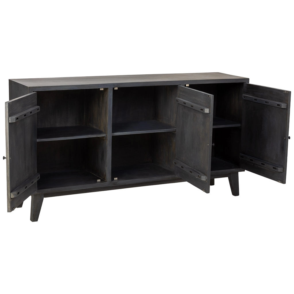 Credenza artigianale in legno con 3 ante nere, 160x40x85h cm