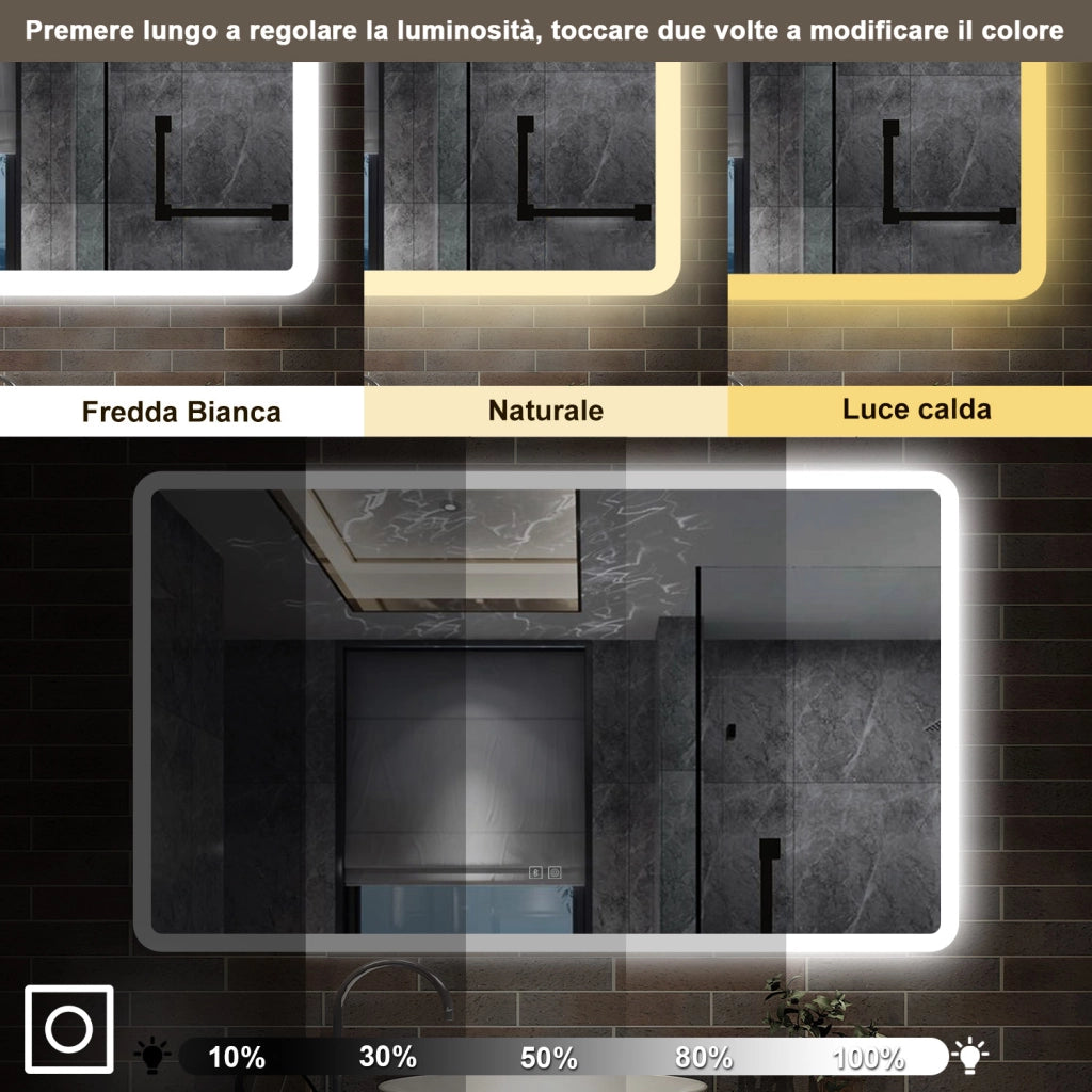 specchio rettangolare 120 x 70 cm con luce led a 3 colori, antiappannamento e touch, bluetooth
