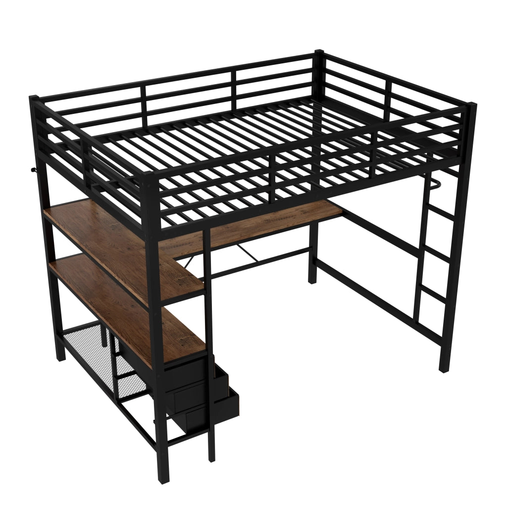 Letto a soppalco 140×200 cm con LED; scrivania; USB; 3 cassetti; ripiani; scala e barriera; senza materasso