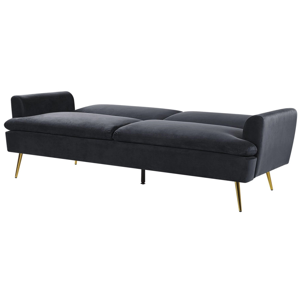 Divano Letto in Velluto Nero 3 Posti Click Clack Gambe In Metallo Dorato