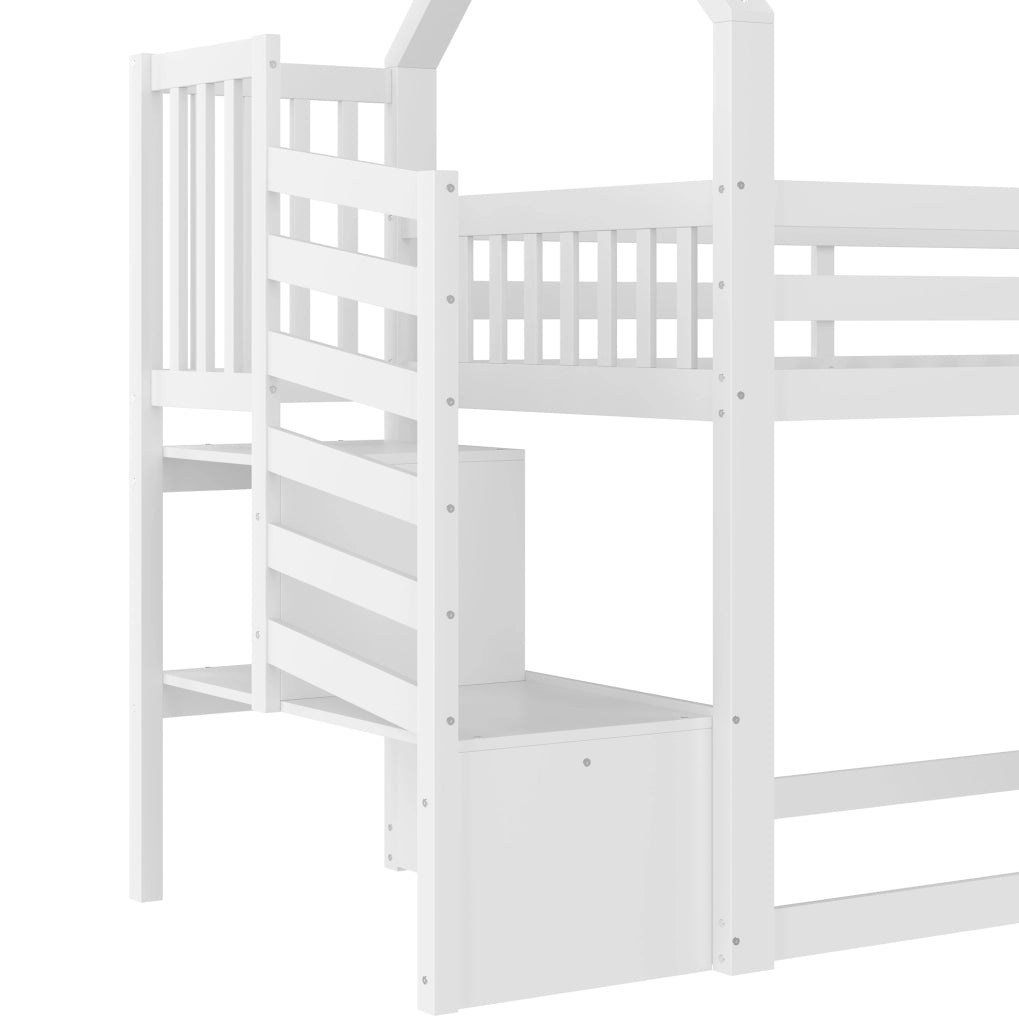 Letto a castello a casetta con scivolo e scala contenitore 90x200 cm; bianco