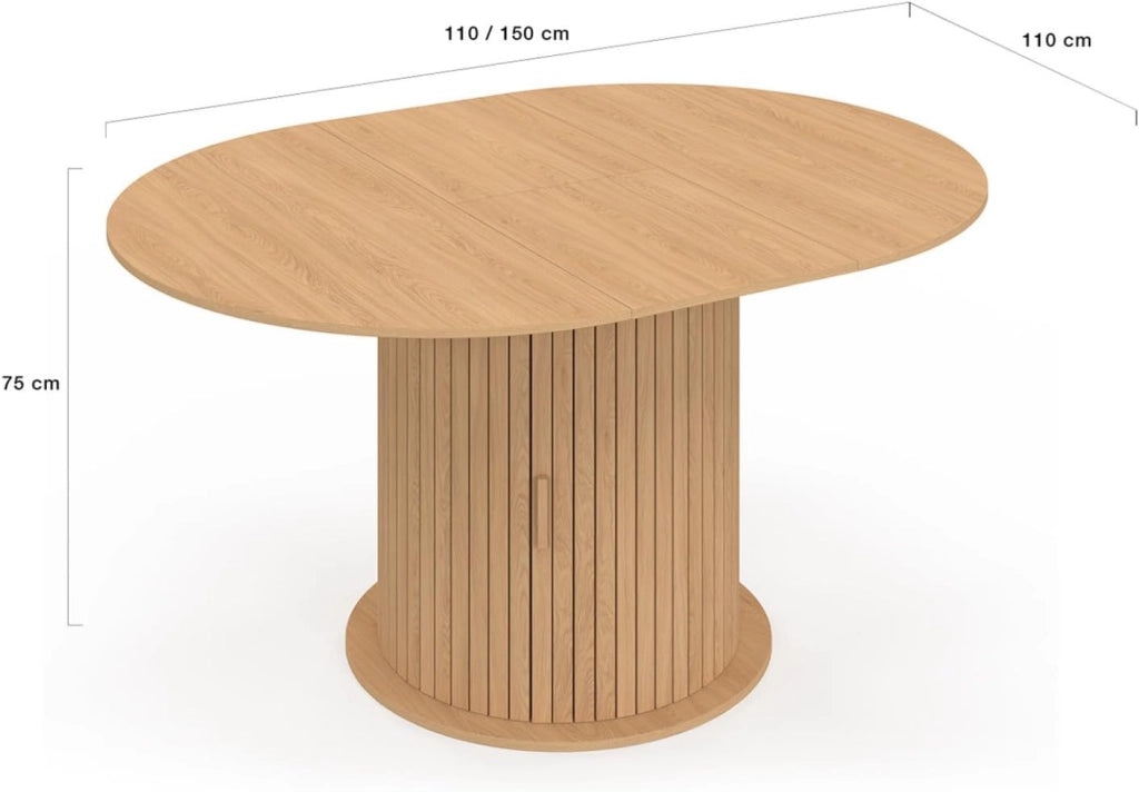 JULIETTE Tavolo da pranzo rotondo allungabile per 4-8 persone con gambe a doghe e contenitore 110-150 cm