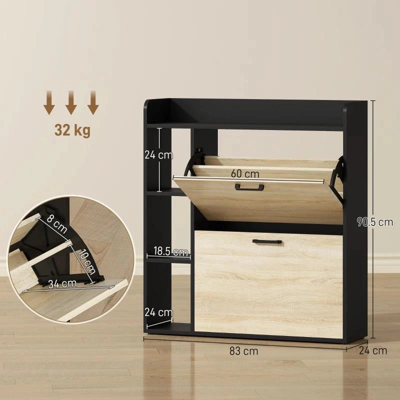 SCARPIERA SLIM CON 2 CASSETTI RIBALTABILI E 3 VANI APERTI, CAPACITÀ 15 SCARPE, 83X24X90.5 CM, NERO