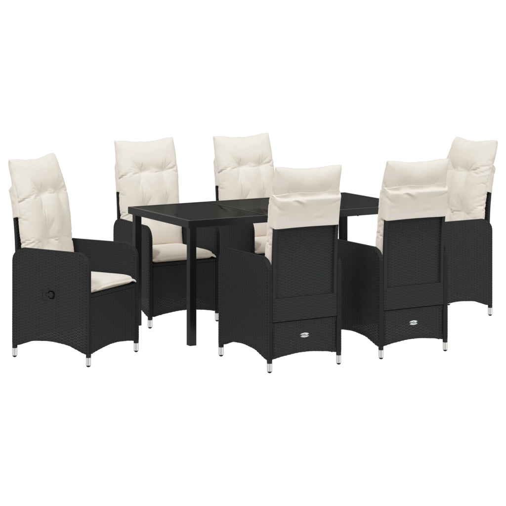 Set da Pranzo Giardino 7 Pezzi con Cuscini in Nero Polyrattan