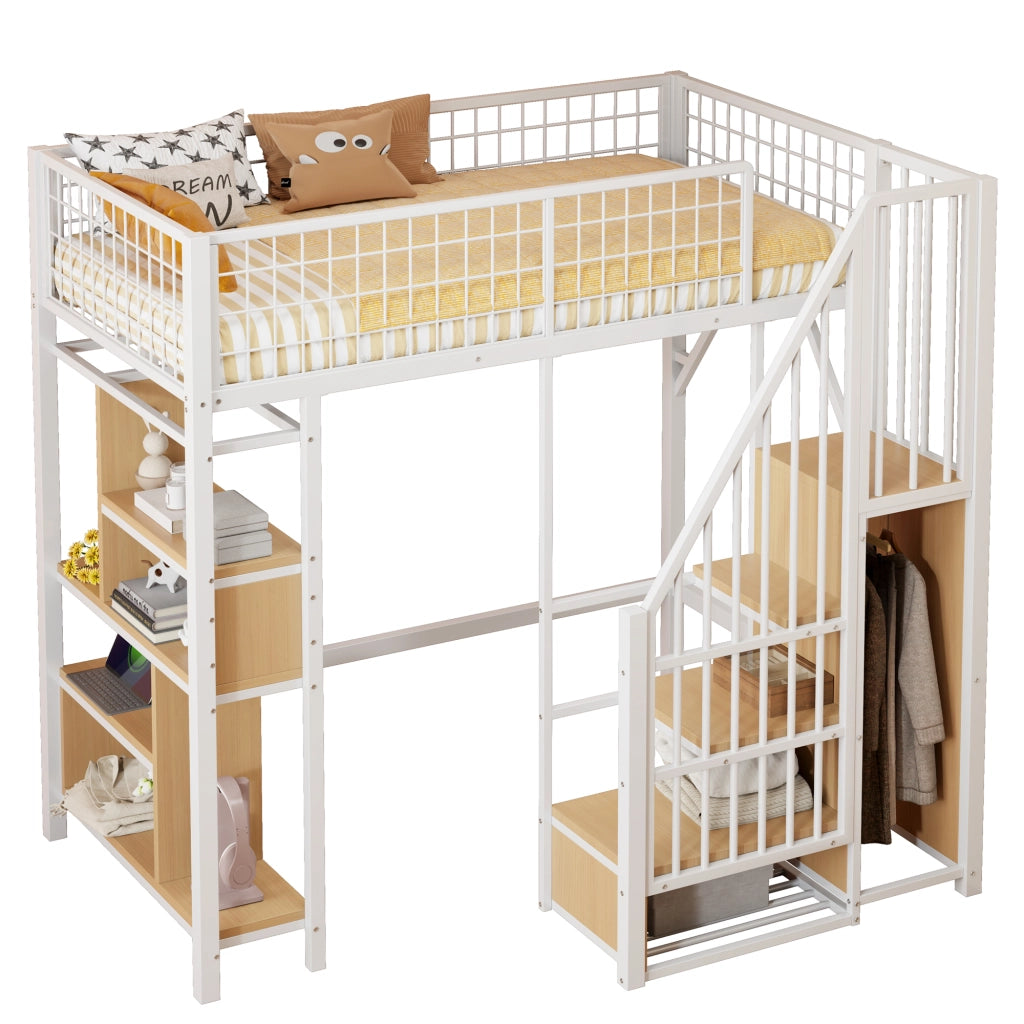 LETTO A PIANO ALTO 90 x 200 cm in metallo e legno, bianco, con scala contenitore