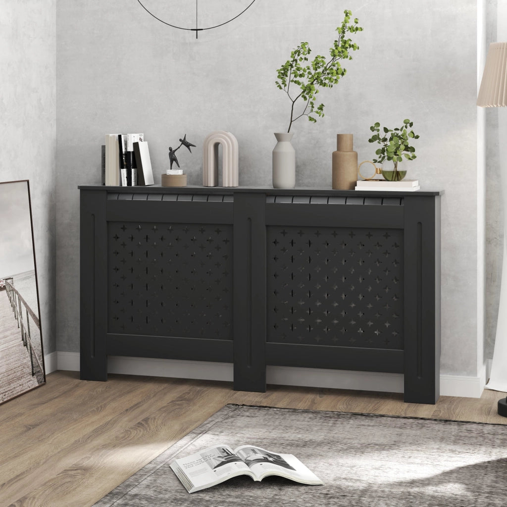 Copritermosifone Traforato a Croce con Ripiano e Fissaggio a Muro 152x19x82 cm in Legno MDF Nero
