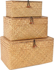 Set di 3 Cassetti con Coperchio - Secchi Opala - 3 pezzi - Rotang Naturale - Forma Quadrata