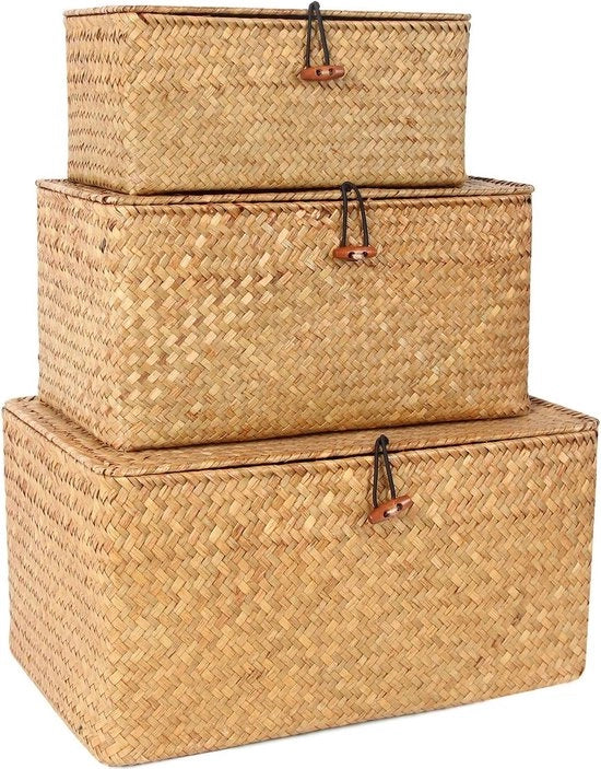 Set di 3 Cassetti con Coperchio - Secchi Opala - 3 pezzi - Rotang Naturale - Forma Quadrata