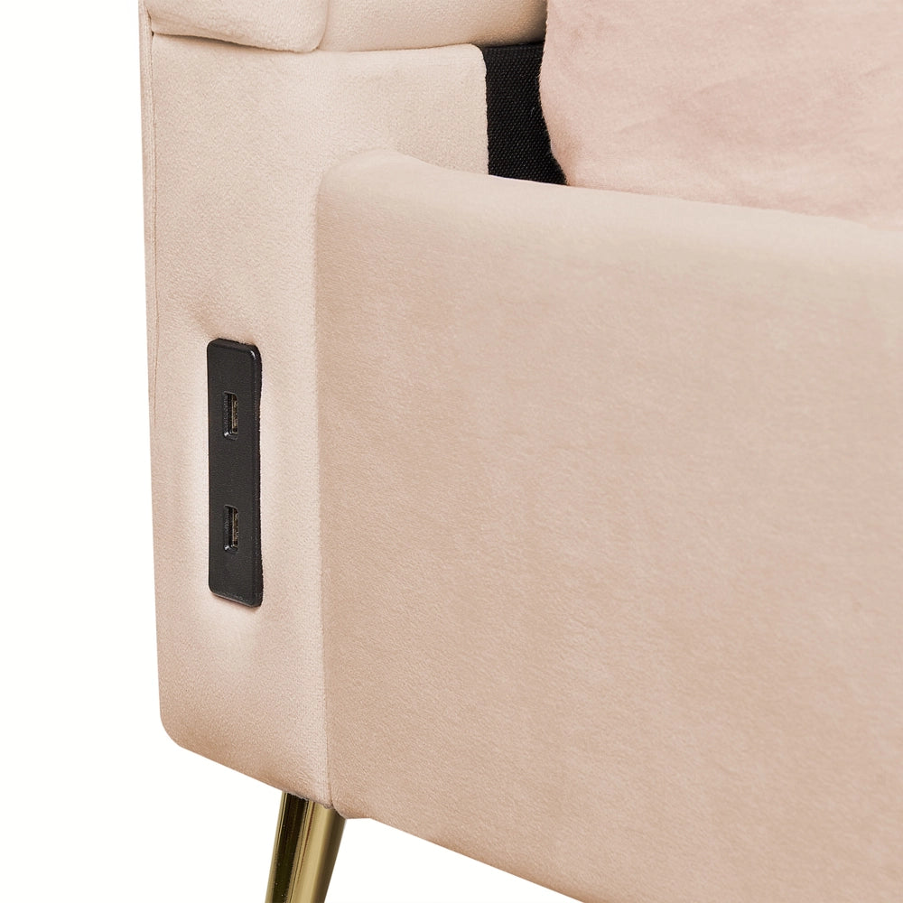 Letto in velluto beige rivestito con gambe in metallo dorato UE Dimensioni doppie 160 x 200 cm con testata con porta USB Camera da letto moderna e glam.