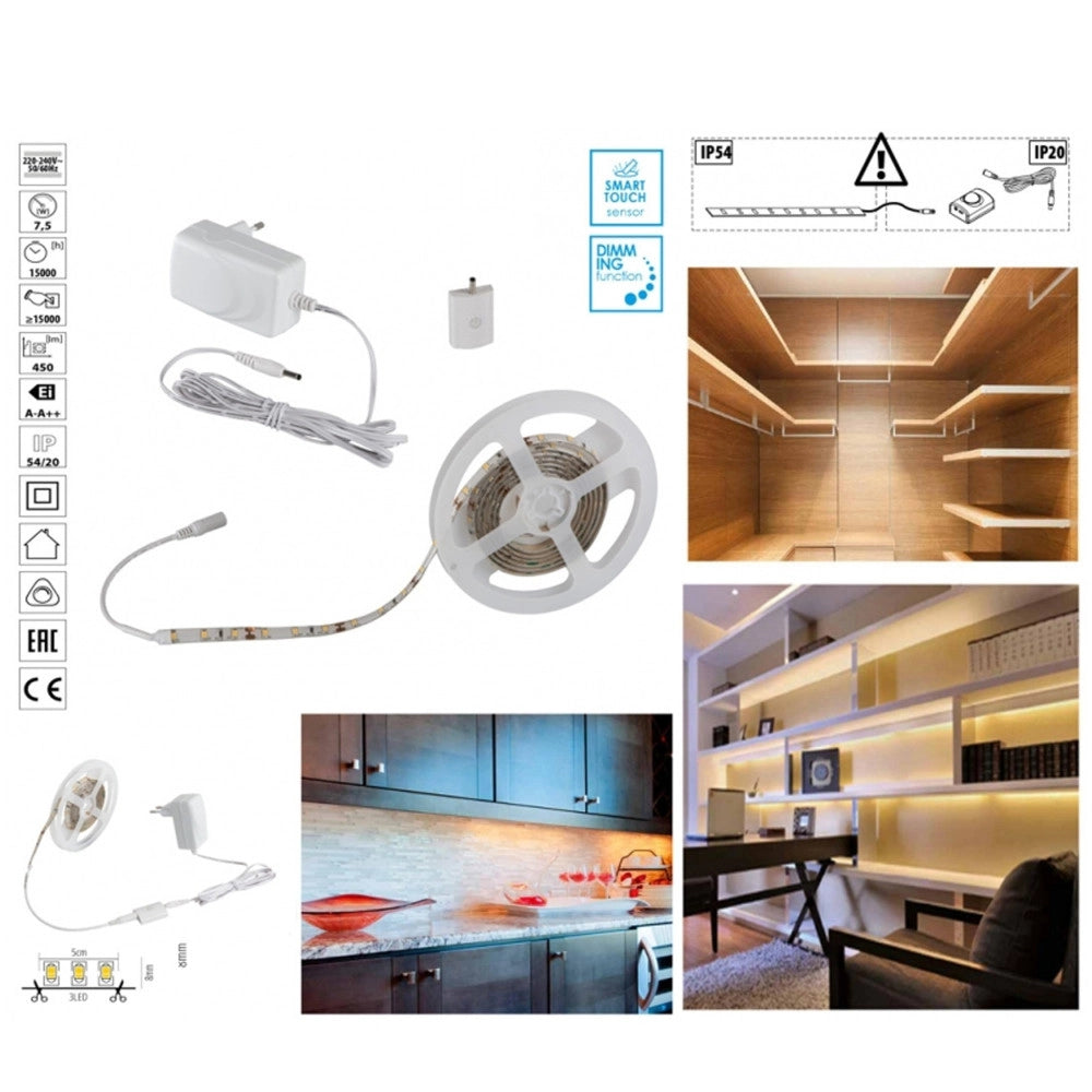 Trade Shop - Kit Striscia Led Con Tasto Interruttore Touch Dimmer Bianco Freddo 6500k 7,5 W -