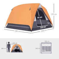 Tenda da Campeggio per 3 Persone Impermeabile con Tasca, Gancio per Lanterna e Borsa, 2x2x1.35m, Arancione