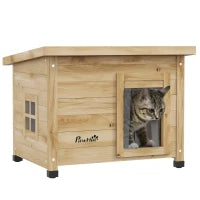 Casa per Gatti, Cuccia Esterna in Legno Rialzata con Tetto in Asfalto, Finestra, 57 x 45 x 43 cm, Giallo