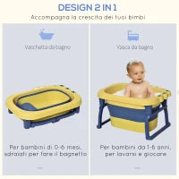 Vaschetta Bagnetto Neonato Pieghevole con Supporto Antiscivolo, Vaschetta da Bagno Portatile per Neonati e Bambini di 0-6 Anni con Foro di Scarico, 75.3x55.4x43cm, Blu e Giallo
