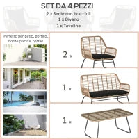 Set Mobili da Giardino Stile Boho in Rattan PE con 2 Poltrone, Divanetto e Tavolino