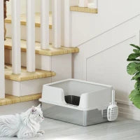 Lettiera per Gatti con Bordi Rialzati, Vassoio e Paletta, in Acciaio Inox e PP, 60x40x28 cm, Grigio Chiaro