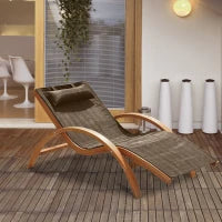 Sdraio da Giardino Ergonomica, Lettino Prendisole con Poggiatesta Imbottito in Legno e Tessuto, 161 x 72 x 68 cm, Marrone