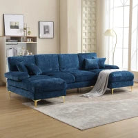 Divano componibile moderno grande in Chenille a forma di U, con Doppi Sedili Reclinabili,  Blu
