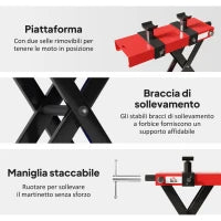 Cavalletto Alzamoto in Acciaio Capacità 500kg, Pieghevole con Altezza Regolabile e Manovella, Rosso