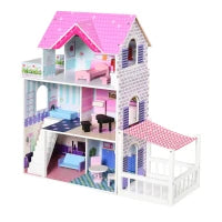 Casa delle Bambole in Legno, Casetta delle Bambole per Bambini a 3 Piani con 13 Accessori, Giocattolo per Bambini 3+ Anni