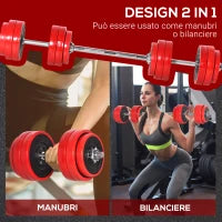 Set 2 in 1 Bilanciere e Manubri Pesi da 30kg, Dischi con Rivestimento in Plastica Antigraffio, Rosso e Nero