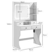 Toeletta Trucco con Luci LED 3 Tonalità e Specchio, Prese USB, 4 Cassetti e Mensole, 90x45x160cm, Bianco