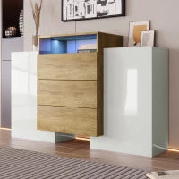 Credenza Moderna con 2 Ante, 2 Ripiani e 3 Cassetti, con Illuminazione a LED, 140x30x77.5 cm, Bianco e Color Legno Naturale