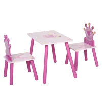 Set Tavolo e 2 Sedie a Tema Principesse per Cameretta Bambini in Legno Rosa con Schienale a Forma di Corona