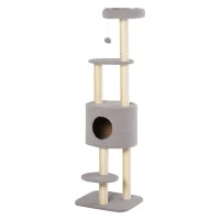 Albero Tiragraffi Robusto per Gatti con 5 Livelli, Cuccia, Casetta, Giochi e Corda Sisal, Grigio e Beige Max 30kg