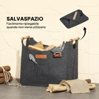 Borsa in Feltro Portalegna da Interno con Manici in Legno, Capacità 15 kg, 45x32x40 cm, Grigio