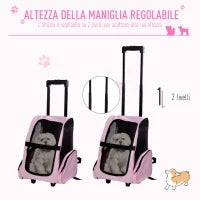 Trasportino Zaino 2 in 1 per Cani e Gatti con Tasche Laterali, Maniglia Telescopica e Ruote, 42x25x55cm, Rosa