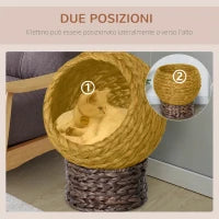 Pawhut Cuccia per Gatti Rialzata con Cuscino, Casetta Naturale con Foglie di Banana, Beige e Marrone, 40x37x51cm