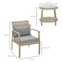 Salotto da Giardino in Rattan con 2 Poltroncine con Cuscini e Tavolino in Vetro, Marrone e Grigio